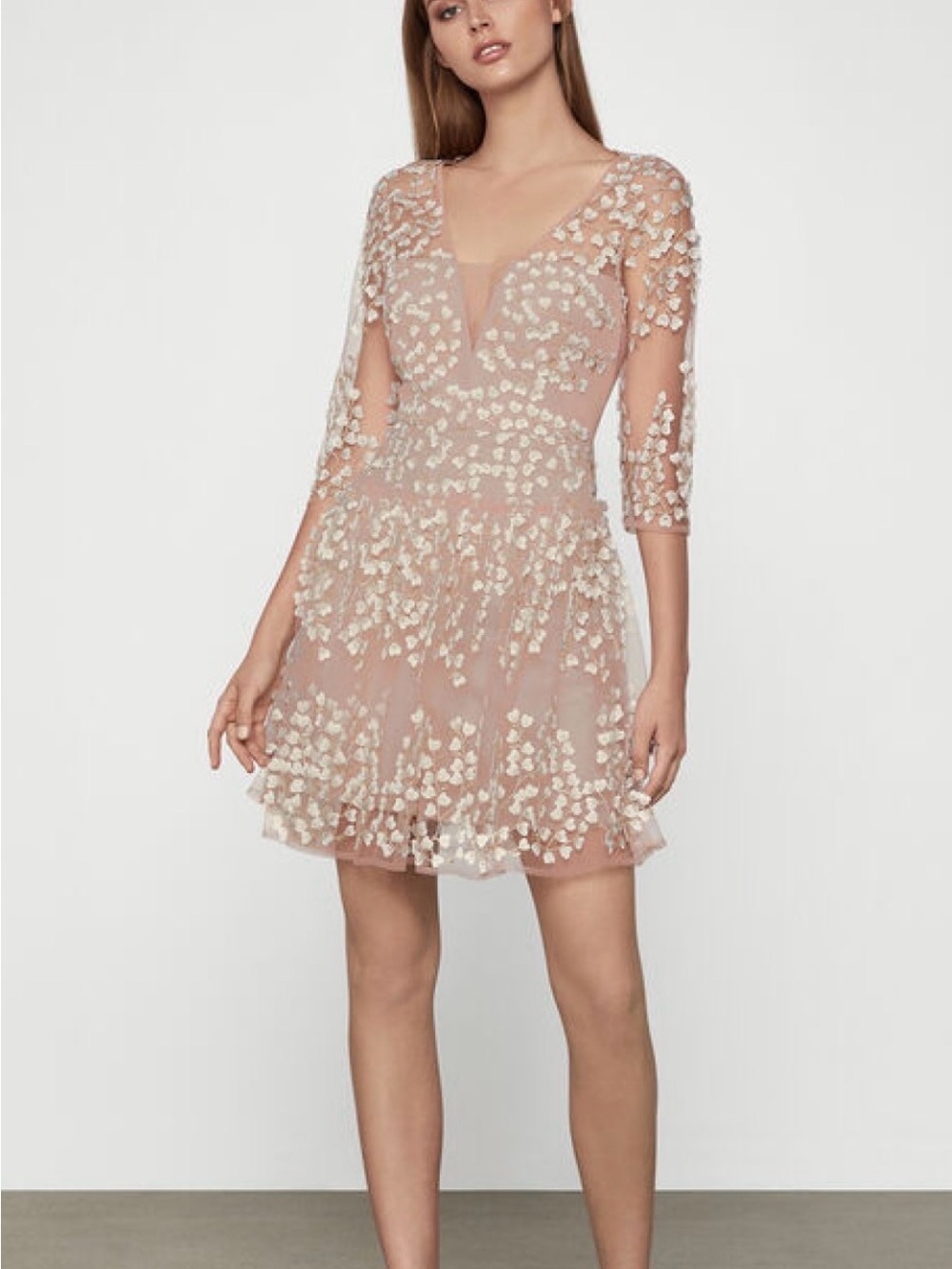 BCBGMaxAzria Blush Pink Embroidered V-Neck Mini Dress